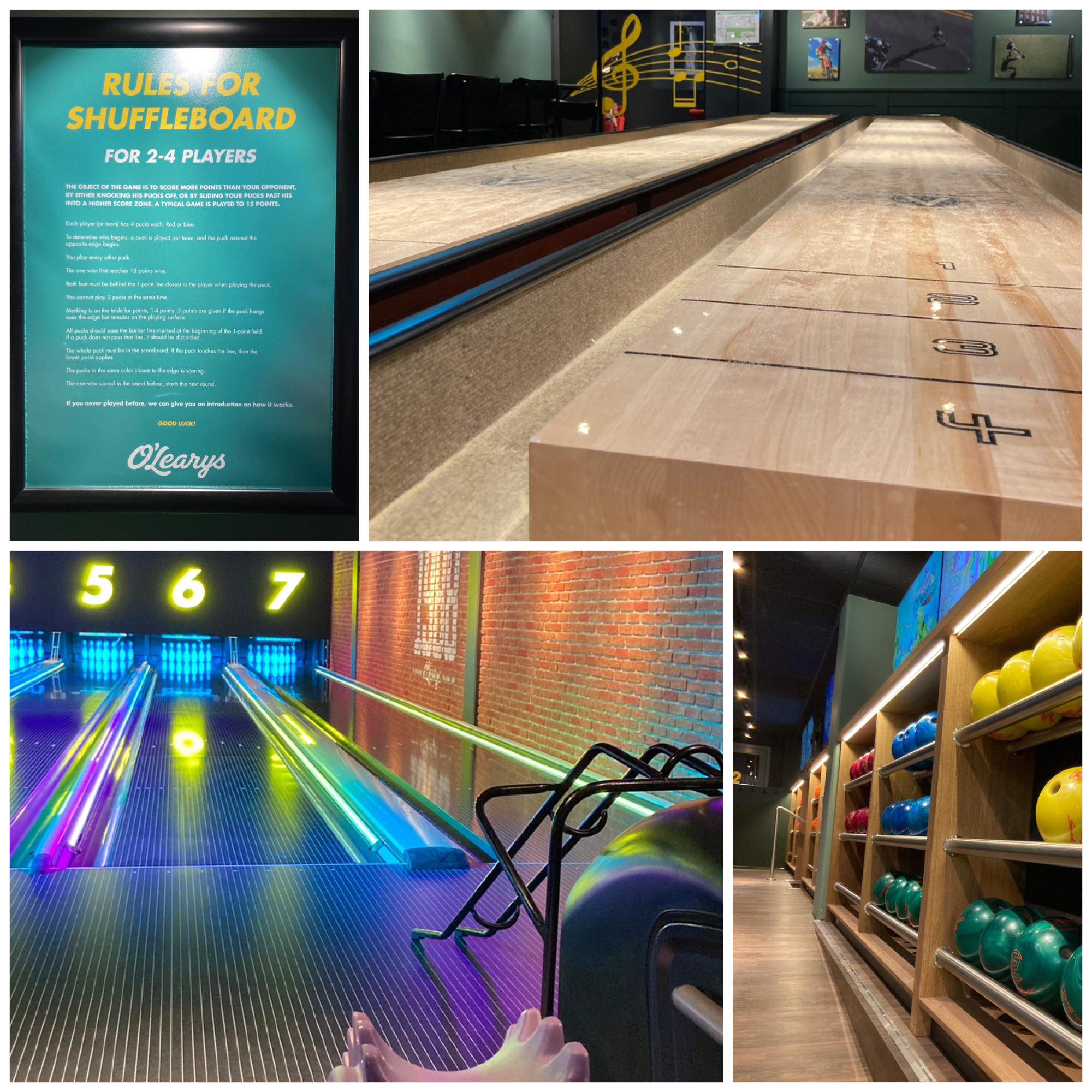 Firedelt bildecollage: to av shuffleboard og plakat med regler, to av oppstilte fargerike bowlingkuler og bowlingbane med hjelpemiddelrampe.